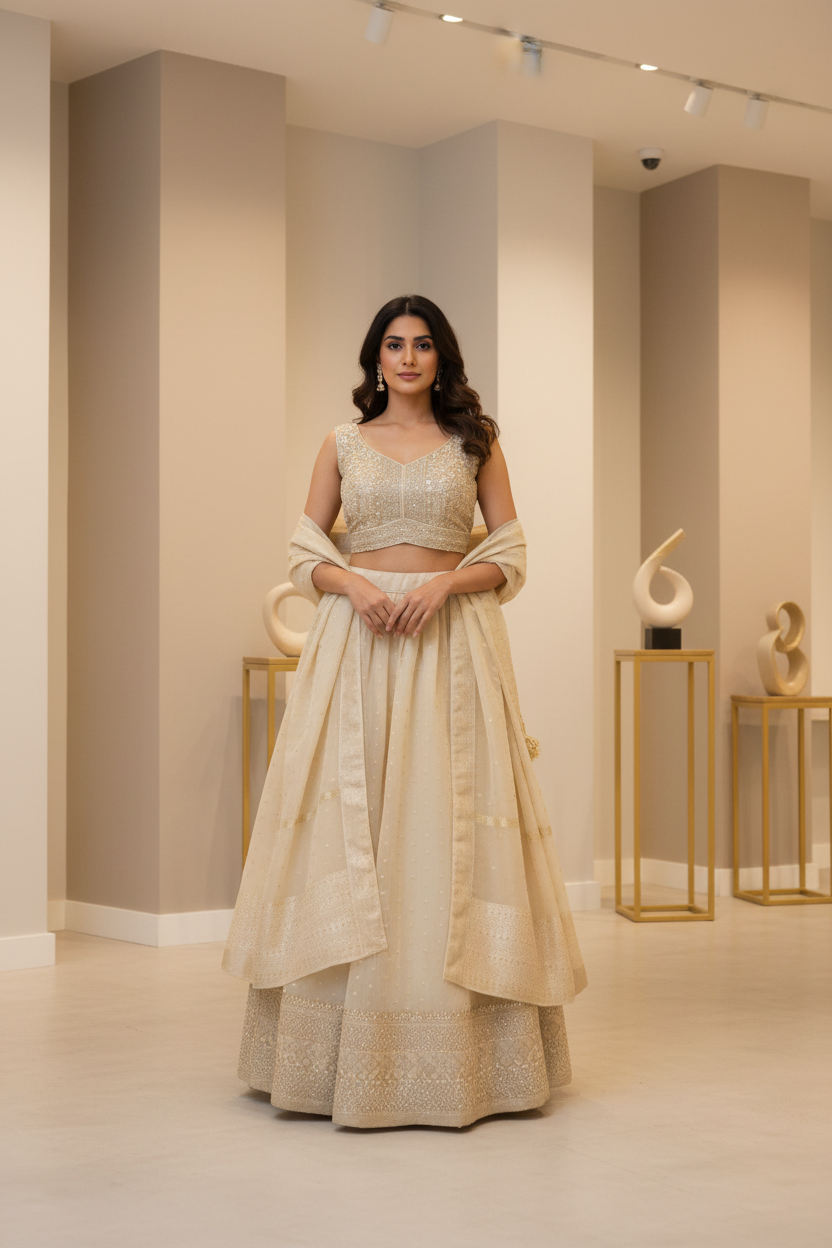 Half White Tissue Lehenga Set - Party & Wedding Wear