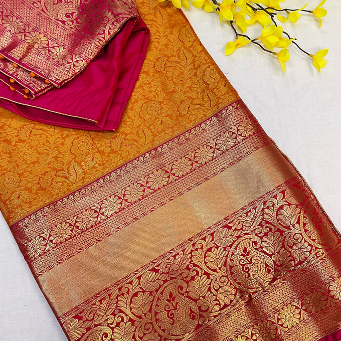 Orange & Pink- Semi Silk Kanjeevaram Saree with stitched Blouse