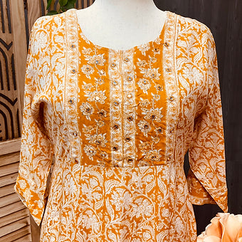 Plus Size -Pure cotton Mustard Yellow Anarkali Kurti- size 46/50