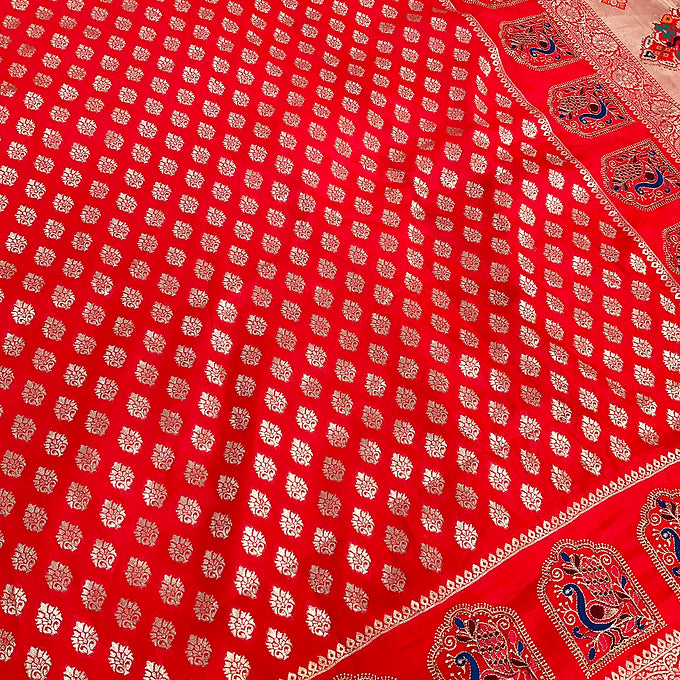 Mirchi Red Benarasi saree with peacock embroidary