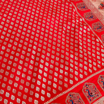 Mirchi Red Benarasi Saree with Peacock Embroidery - Traditional Design