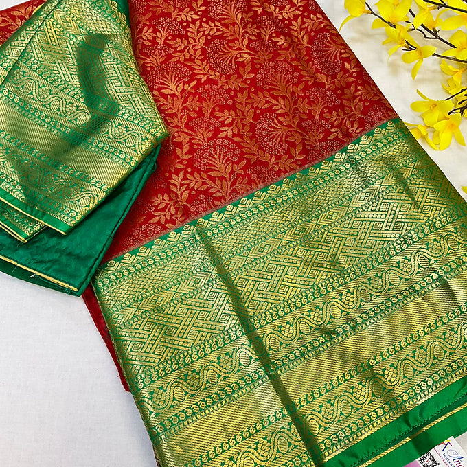 Red-Semi Kanjeevaram Silk saree with stitched Blouse