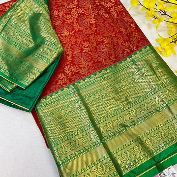 Red-Semi Kanjeevaram Silk saree with stitched Blouse