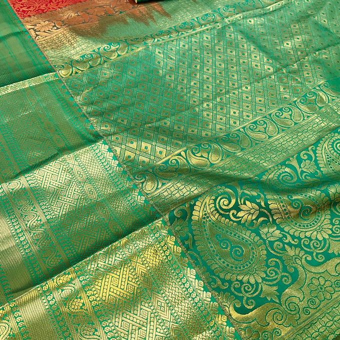 Red-Semi Kanjeevaram Silk saree with stitched Blouse