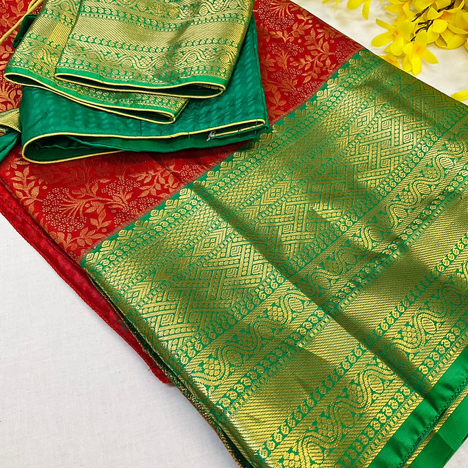 Red-Semi Kanjeevaram Silk saree with stitched Blouse