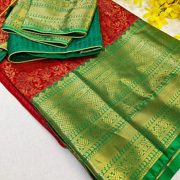 Red-Semi Kanjeevaram Silk saree with stitched Blouse