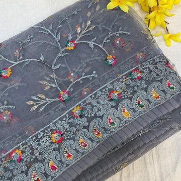 Net saree with thread embroidery