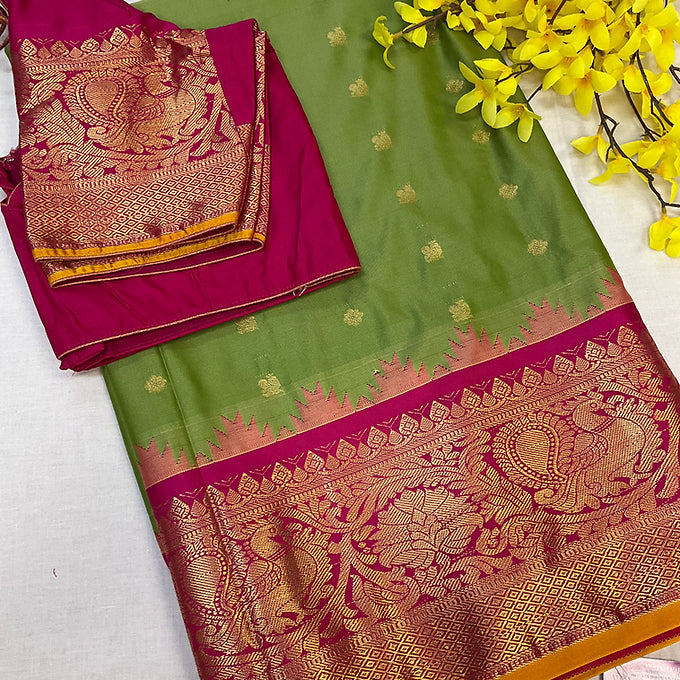 Green & Pink Combination-Semi Gadwal Silk Saree with Stitched Blouse