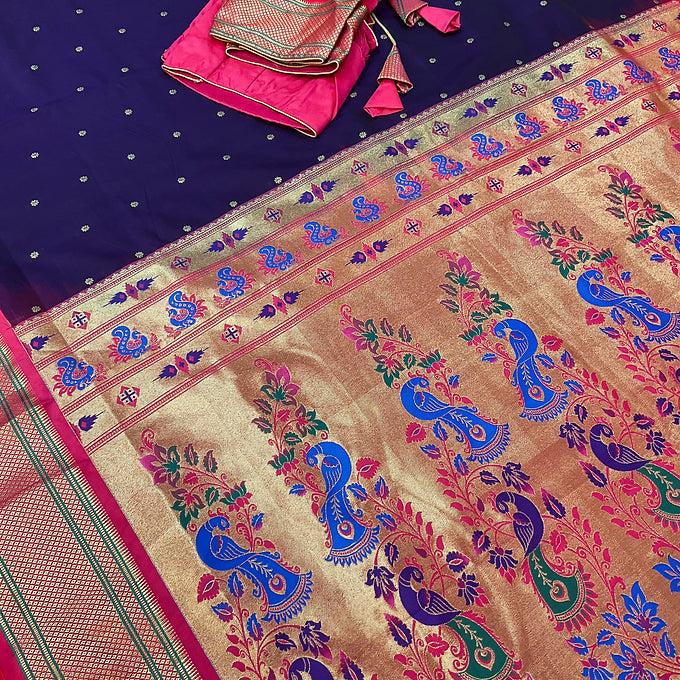 Violet & Pink -Narayana pet Saree with paithani Pallu and Stitched Blouse