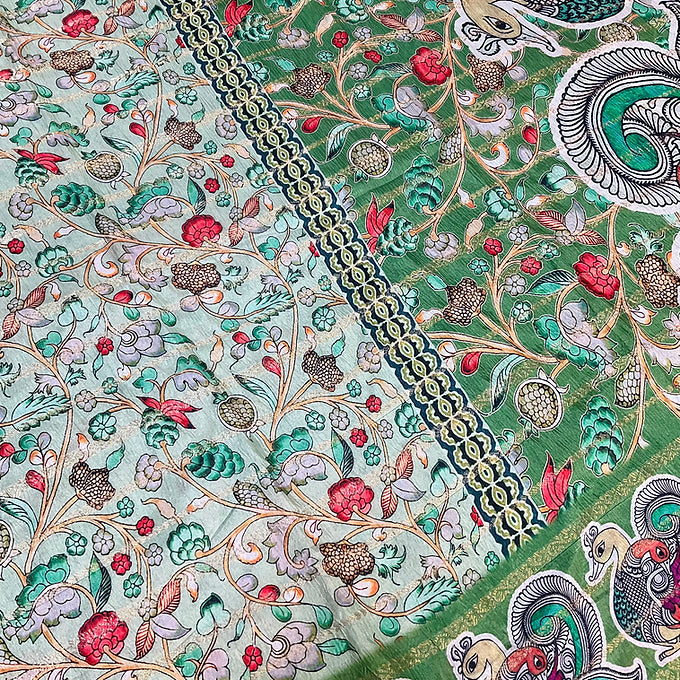 Fancy - Crushed Green Kalamkari saree