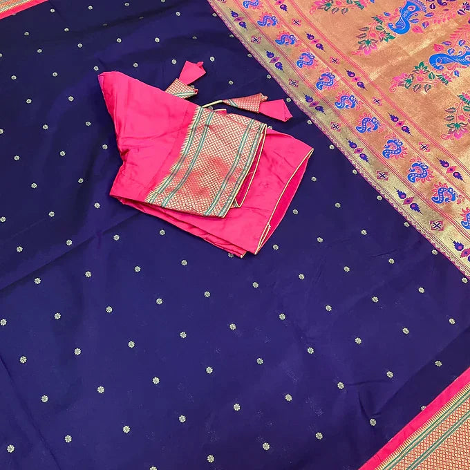 Violet & Pink Narayana Pet Semi Silk Saree with Paithani Pallu & Stitched Blouse