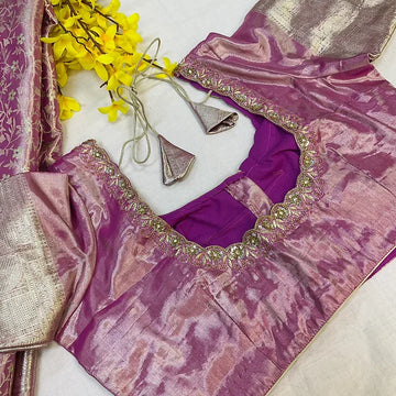 Pure Silk Pastel Colors Kanjeevaram Tissue Saree with Stitched Work Blouse