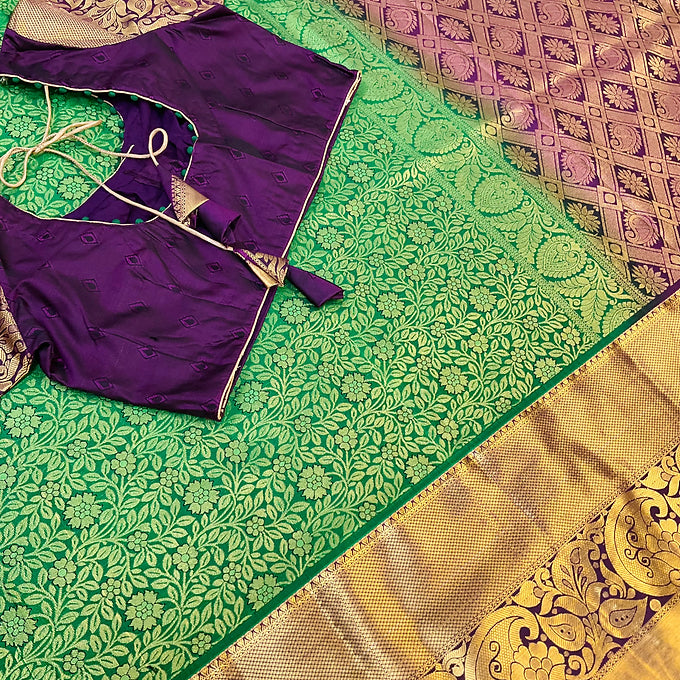 Green-Semi Silk kanjeevaram saree with Contrast stiched blouse