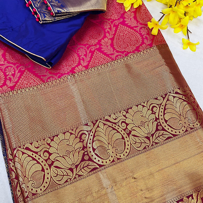 Pink -Semi Kanjeevaram Silk Saree with stitched Blouse