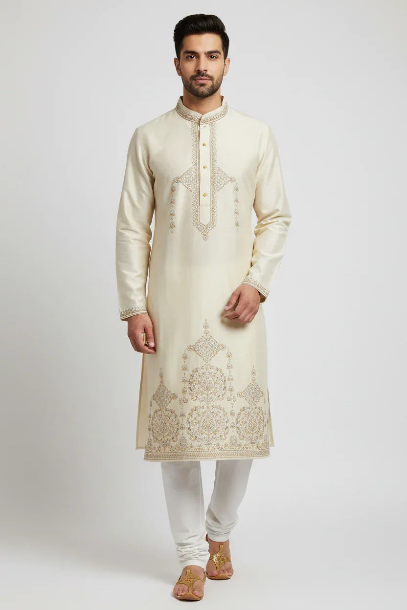 Man wearing cream-colored Indian ethnic kurta with intricate gold embroidery and white churidar pants