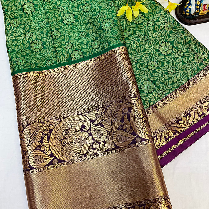 Green-Semi Silk kanjeevaram saree with Contrast stiched blouse
