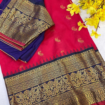 Pink Traditional Semi Silk Saree with 8 Inch Border & Stitched Blouse