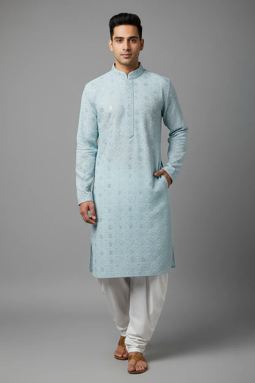Man wearing light blue embroidered Indian kurta with white churidar pants and brown sandals on grey background