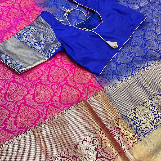 Pink -Semi Kanjeevaram Silk Saree with stitched Blouse