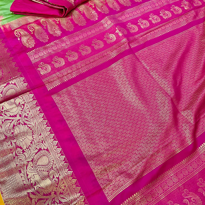 Green & Pink Combination-Semi Gadwal Silk Saree with Stitched Blouse