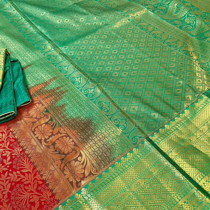 Red-Semi Kanjeevaram Silk saree with stitched Blouse