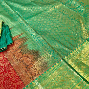Red-Semi Kanjeevaram Silk saree with stitched Blouse