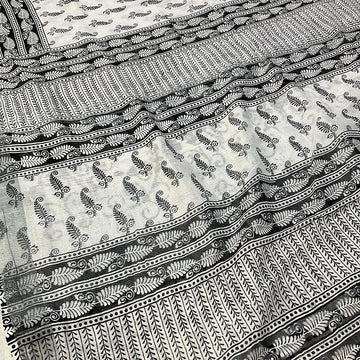 White & Black Linen Saree - Modern Combination Design