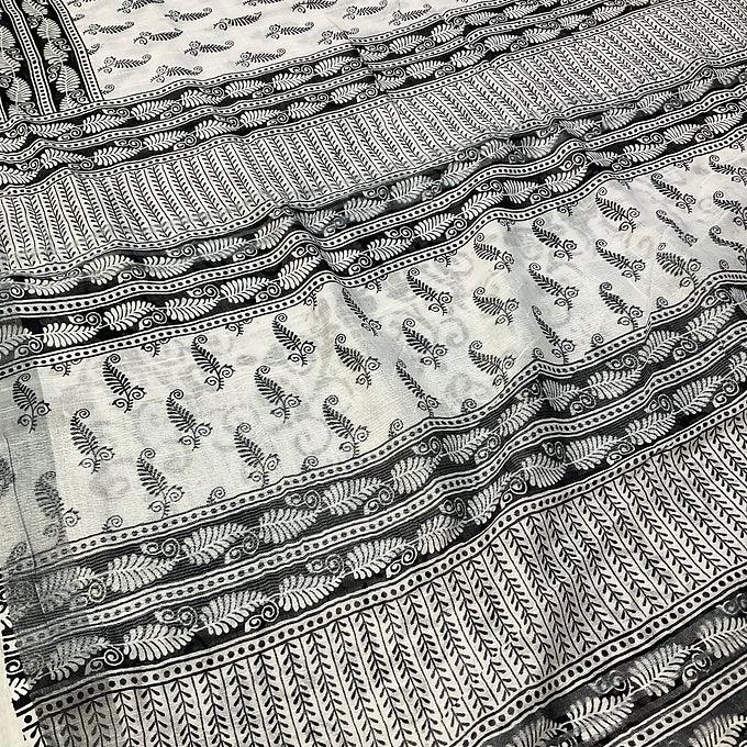 White & Black Linen Saree - Modern Combination Design