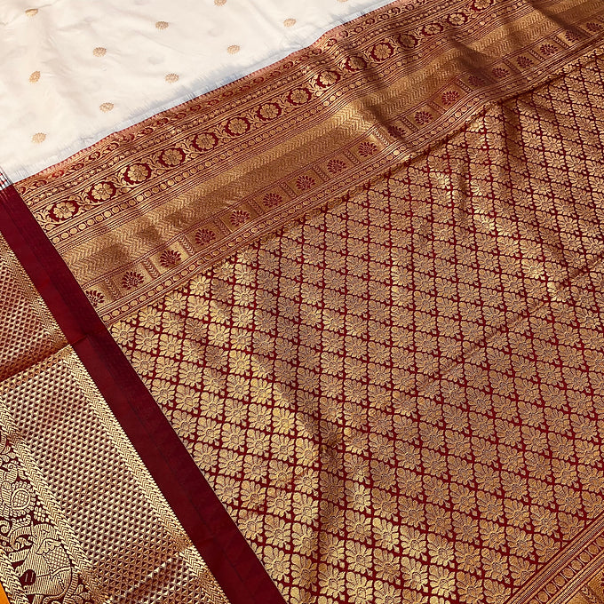 Half white/Cream color- Semi Gadwal Pattu Saree