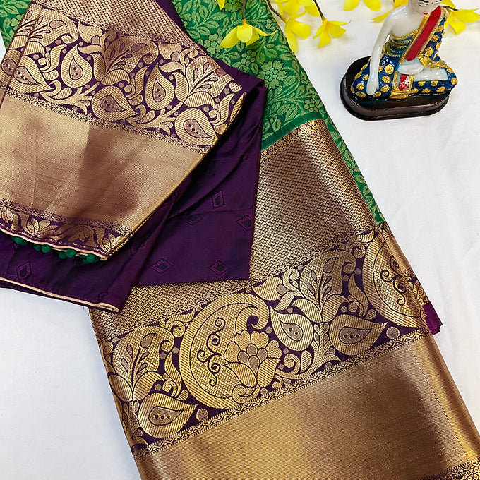 Green-Semi Silk kanjeevaram saree with Contrast stiched blouse