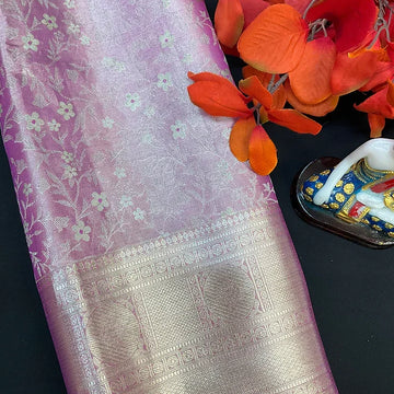 Pure Silk Pastel Colors Kanjeevaram Tissue Saree with Stitched Work Blouse