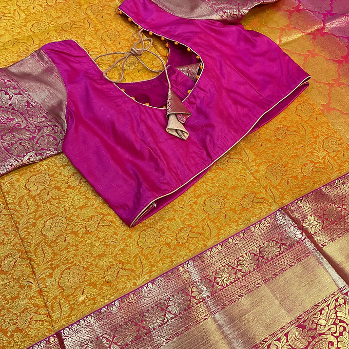 Orange & Pink- Semi Silk Kanjeevaram Saree with stitched Blouse