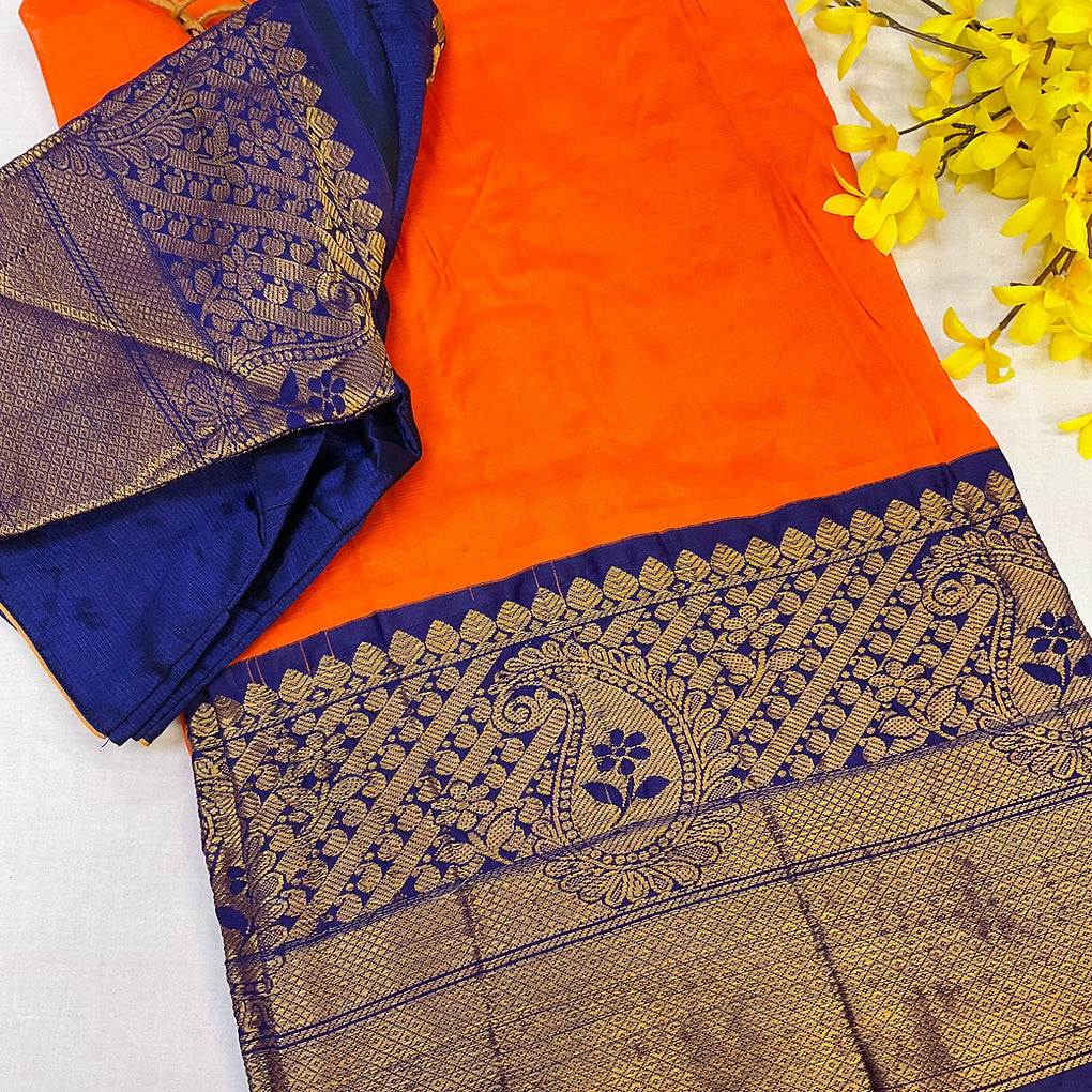 Orange - Mangalagiri Silk Saree with stitched Blouse-handloom saree