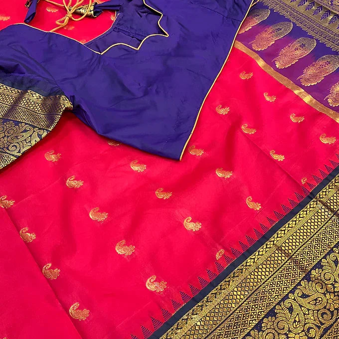 Pink Traditional Semi Silk Saree with 8 Inch Border & Stitched Blouse