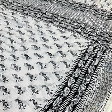 White & Black Linen Saree - Modern Combination Design