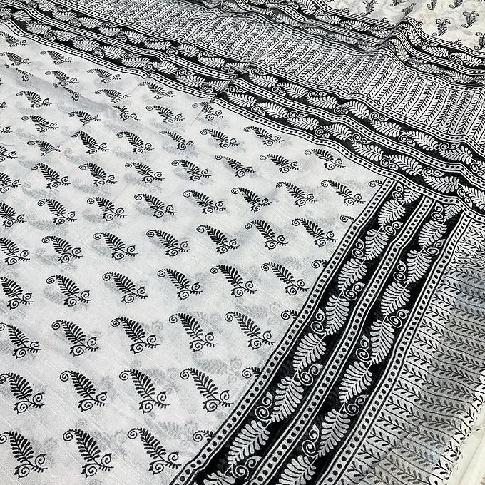 White & Black Linen Saree - Modern Combination Design