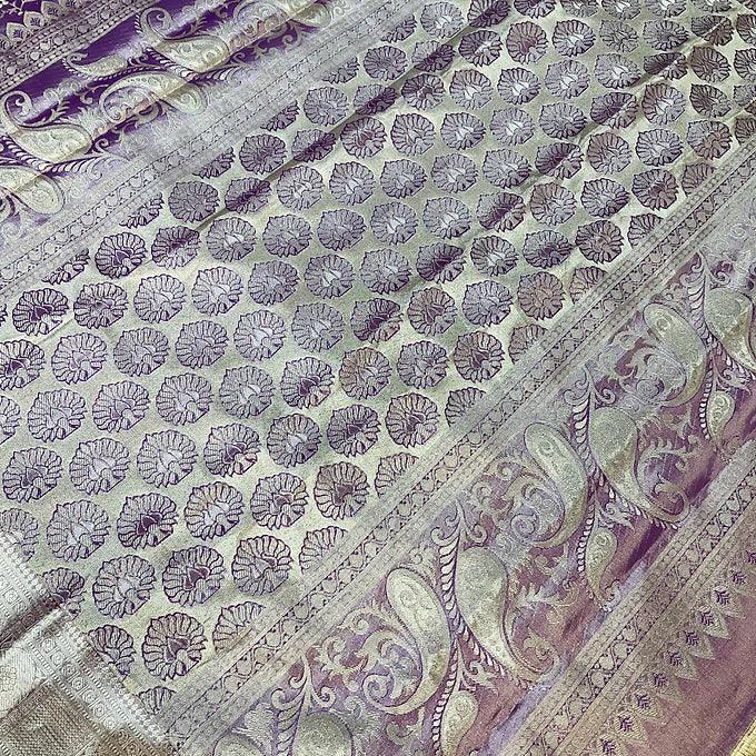 Pure Silk Pastel Colors Kanjeevaram Tissue Saree with Stitched Work Blouse