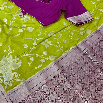 Lime Green Raw Mango Silk Saree with Stitched Blouse - Zari Work