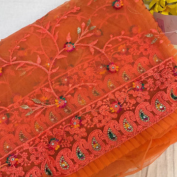 Net saree with thread embroidery