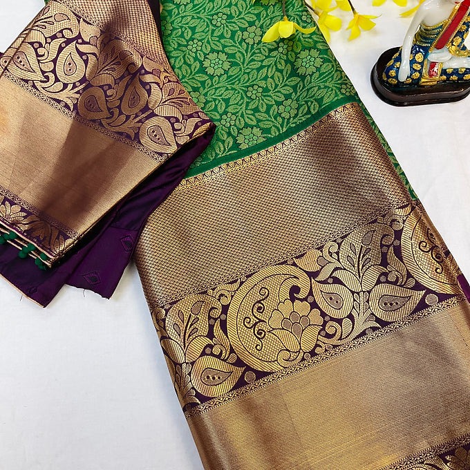 Green-Semi Silk kanjeevaram saree with Contrast stiched blouse