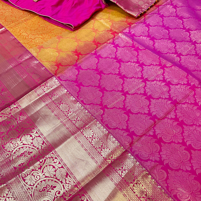 Orange & Pink- Semi Silk Kanjeevaram Saree with stitched Blouse