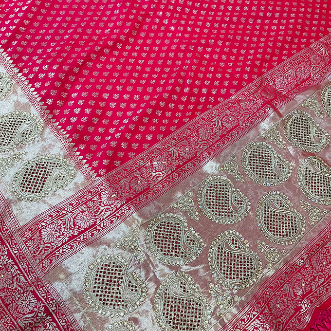 Pink Benarasi Silk Saree with Cut work Mango Design