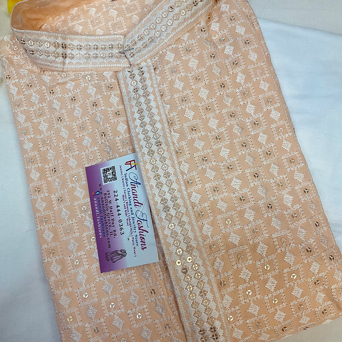 Light peach chikankari work kurta set for men-size 40