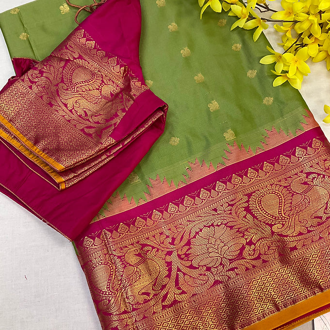 Green & Pink Combination-Semi Gadwal Silk Saree with Stitched Blouse