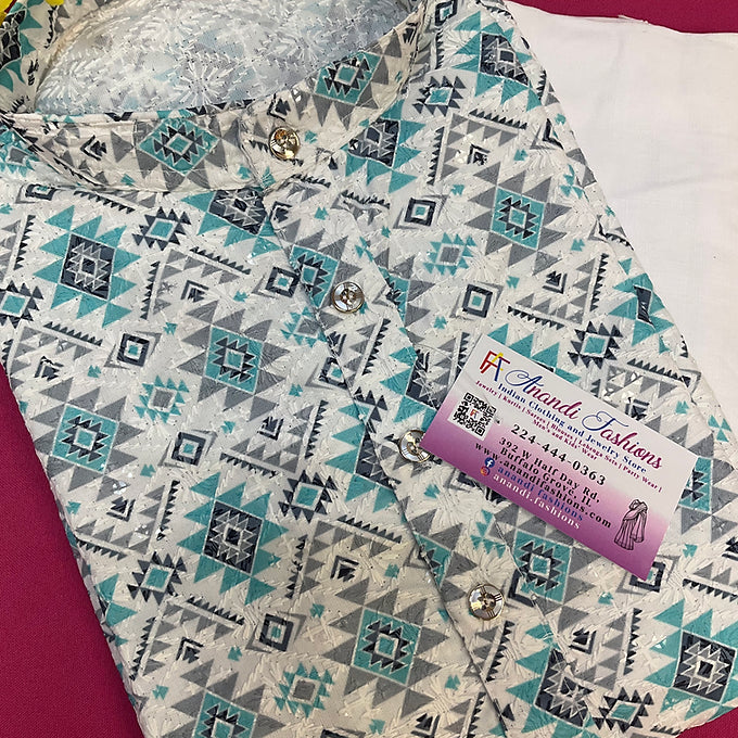 Size 42-Digital print men’s kurta set with chikankari work