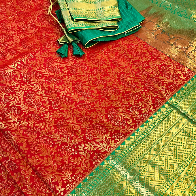 Red-Semi Kanjeevaram Silk saree with stitched Blouse