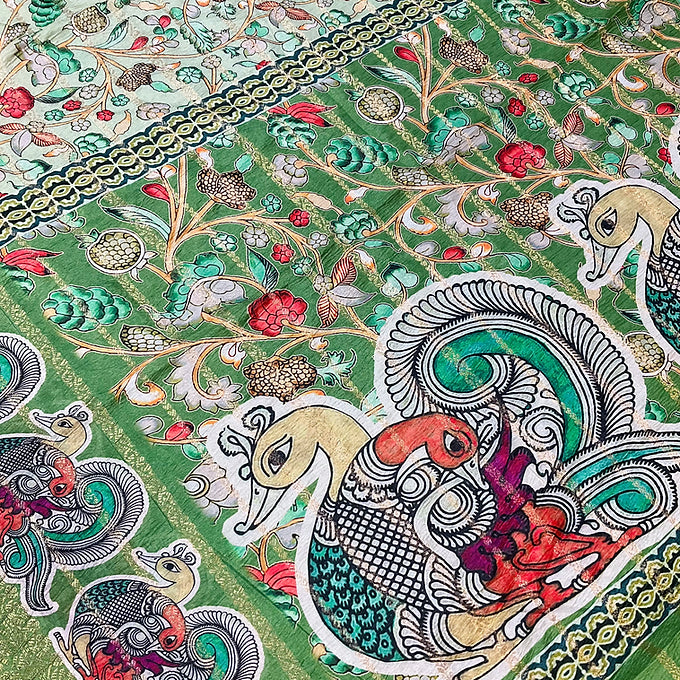 Fancy - Crushed Green Kalamkari saree