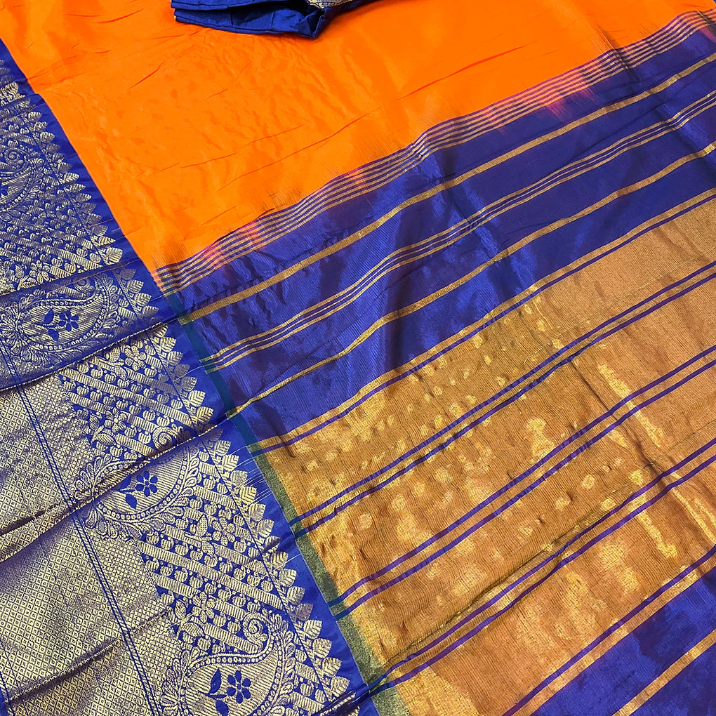Orange - Mangalagiri Silk Saree with stitched Blouse-handloom saree