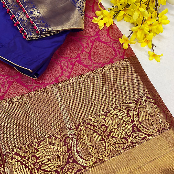 Pink -Semi Kanjeevaram Silk Saree with stitched Blouse