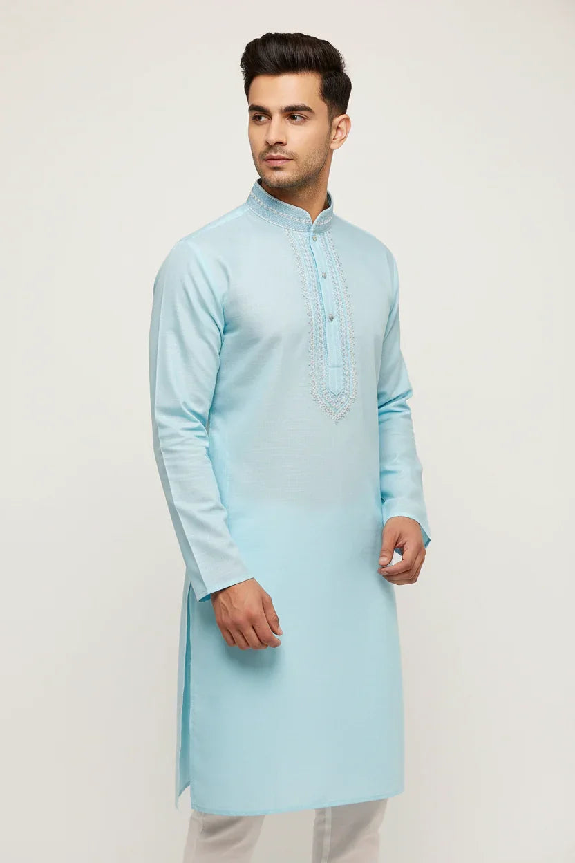 Man wearing light blue embroidered Indian kurta with mandarin collar, posing against plain background